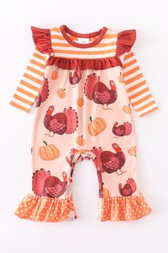 This darling ruffle romper has perfect festive look for Thanksgiving. Check our our coordinating infant and girls dress. 97% Cotton 3% Spandex Ruffled Dresses For Playtime In Fall, Fall Dresses With Ruffles For Playtime, Spring Long Sleeve Ruffled Onesie, Playful Ruffled Dresses For Fall, Cute Long Sleeve Onesie With Ruffles, Cute Onesie With Ruffles For Playtime, Cute Ruffled Onesie For Playtime, Cute Jumpsuits And Rompers For Fall Playtime