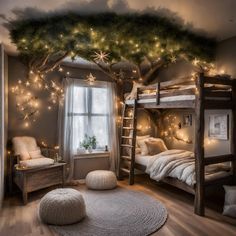 a bedroom with bunk beds and christmas lights on the trees above them, in front of a window