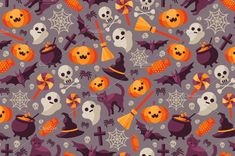 halloween seamless pattern with pumpkins, bats and skulls on grey background for wallpaper