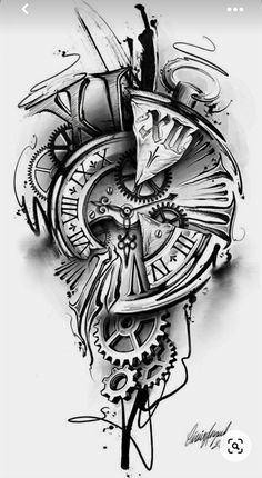 a black and white drawing of a clock