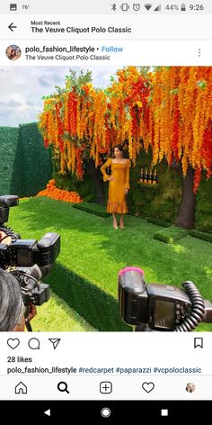 a woman in a yellow dress is filming an orange tree