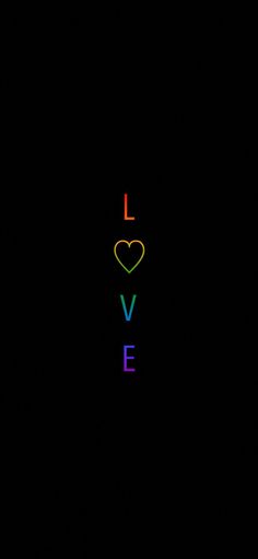 the word love is written in rainbow colors on a black background with a heart shaped outline