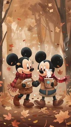 two mickey and minnie mouses in the woods with autumn leaves on the ground behind them