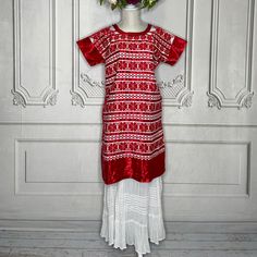 Huetla Mazateco Huipil Dress – Camelia Mexican Boutique Red Embroidered Tunic Dress, Traditional Short Sleeve Tunic With Floral Embroidery, Traditional Floral Embroidery Tunic With Short Sleeves, Traditional Floral Embroidered Short Sleeve Tunic, Folk Style Embroidered Dress With Woven Motifs For Festivities, Folk Embroidered Dress With Woven Motifs For Festive Occasions, Folk Style Tunic Dress With Woven Motifs, Traditional Tunic Embroidered Dress, Traditional Embroidered Short Sleeve Tunic