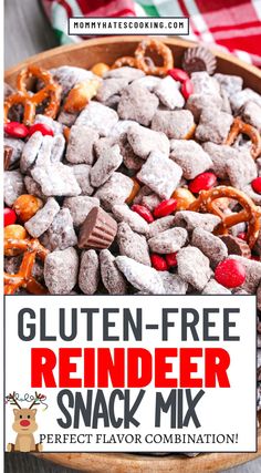 gluten - free reindeer snack mix in a bowl with the title overlay