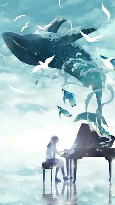 a person sitting at a piano in front of a whale with birds flying around it