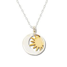 "Save 25% off your next purchase, sign up here: www.justjaynes.com/sign-up This sterling silver celestial pendant necklace features a crescent moon and a bronze sun. This sterling silver sun and moon charm is bright and shiny just like the silvery moon of the night sky and the golden afternoon sun. The bronze sun with its many rays and the sleek crescent moon nestle together in a silver frame, making a delightful couple. LISTING IS FOR: - One sterling silver/bronze charm/pendant necklace ------- Golden Afternoon, Lunar Jewelry, Celestial Pendant, Sun And Moon Necklace, Frame Making, Afternoon Sun, Moon And Sun, Sun Pendant, Celestial Necklace