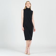 Signature Mock Neck Midi Dress - Black – Clara Sunwoo High Neck Stretch Midi Dress For Formal Occasions, High Neck Stretch Midi Dress For Formal Events, Formal High Neck Stretch Midi Dress, Elegant High Neck Bodycon Midi Dress, Sleek Black High Neck Dress, Chic Stretch Midi Turtleneck Dress, Chic High Neck Bodycon Work Dress, Chic Stretch Turtleneck Midi Dress, Chic High Neck Bodycon Dress For Work