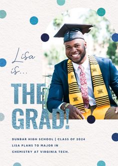 an image of a man wearing a graduation cap and gown with polka dots on the background