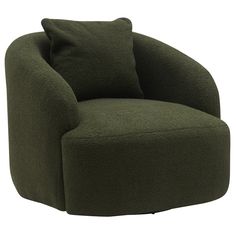 a large green chair with two pillows on it's back and the seat upholstered