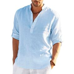 MEN'S SOLID-COLOR LONG-SLEEVE BREATHABLE SHIRTS This Men's Linen Long Sleeve Shirt is designed for optimal comfort, featuring a breathable cotton and linen material blend for maximum airflow. The solid color and classic styling make it easy to pair with any outfit, ensuring all-day comfort and style. Look your best with this high-quality Men's Linen Shirt. Made from a breathable blend of cotton and linen, it is incredibly comfortable and durable for everyday wear. The solid color ensures it will match any of your favorite looks. Get the perfect fit every time with adjustable cuffs. The Long Sleeve Shirt is designed with breathability and comfort in mind. It features a classic solid color design, making it a great choice for casual, everyday wear. Made from a blend of quality cotton and lin Long Sleeve Cotton Tops, Blouse Man, Men In Black, Linen Shirts, Beach T Shirts, Long Sleeve Tee Shirts, Slim Fit Shirt