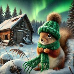 a painting of a squirrel wearing a green knitted hat and scarf in the snow