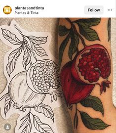 a tattoo with pomegranates and leaves on it