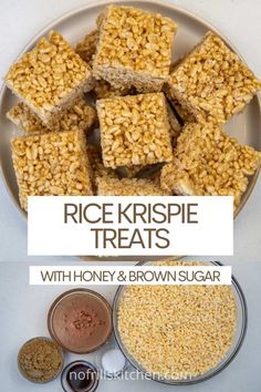 rice krispie treats with honey and brown sugar on a plate next to measuring spoons