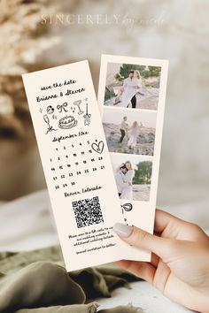 A wedding save-the-date bookmark with a minimalist illustrated calendar and an engagement photo strip. A practical and elegant announcement featuring a heart marking the wedding date. Save The Date Photo Booth, Canva Save The Date, Illustrated Calendar, Wedding Calendar, Personalized Calendar, Chelsea Wedding, Calendar Layout, Unique Save The Dates, Photo Strip