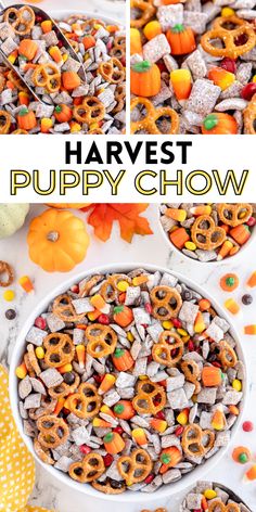 a bowl filled with halloween puppy chow next to candy corn and pumpkins on the side