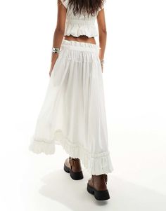 Skirts by Free People Part of a co-ord set Top sold separately Low rise Tie-waist Regular fit Midi-length Ruffled Skirt For Day Out, Midi Length Ruffled Skirt For Day Out, White Relaxed Feminine Maxi Skirt, Feminine White Relaxed Maxi Skirt, White Feminine Relaxed Maxi Skirt, White Maxi Skirt With Elastic Waistband For Spring, White Fitted Cropped Skirt, Feminine White Skirt With Ruffle Hem, Summer Daywear Waist-length Skirt