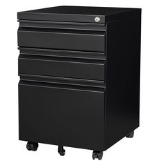 a black filing cabinet on wheels with three drawers