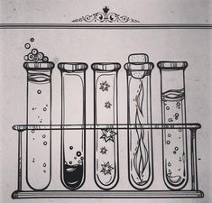 a drawing of five test tubes filled with liquid and bubbles, all lined up in a row