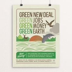 a green poster hangs on the wall next to a white wall with two birds flying over it