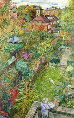 a painting of a garden with lots of plants and animals in it's yard