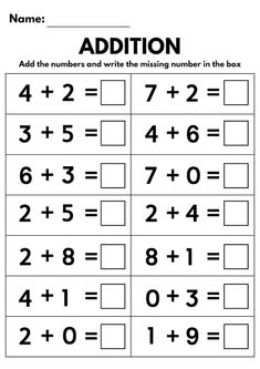 addition worksheet with numbers and missing number in the box for students to use