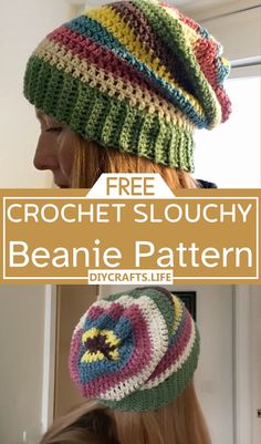 a woman wearing a crochet slouchy beanie with the text overlay that says free crochet slouchy beanie pattern