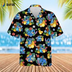 Disney Stitch Hawaiian Shirt Pineapple Pattern Black Aloha Black Disney Short Sleeve Shirt, Disney Cartoon Print Summer Shirt, Disney Character Print Summer Shirt, Black Disney Summer Top, Black Disney Top For Summer, Black Tropical Shirt With Graphic Print, Black Tropical Camp Shirt With Graphic Print, Black Cotton Hawaiian Shirt, Black Relaxed Fit Hawaiian Camp Shirt