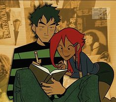 an animated image of two people sitting on the floor with books in front of them