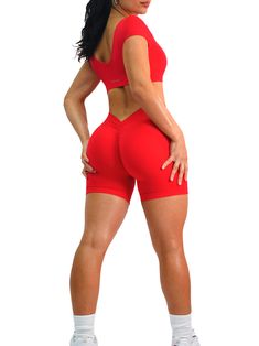 Description: Look on-trend during your workout with these Seamless V-Back Booty Shorts. Featuring a trendy butt scrunch and V-back waistband, these shorts guarantee the ideal fit for any body type. All of our leggings are made out of high quality nylon and spandex. Expect VERY comfortable, soft, and breathable fabric on your skin. Unlike cheap polyester leggings, these leggings do not slide down as you move and instead forms your figure all day. From shopping, working, going to classes and worki Lipstick Red, Red Fabric, New Tops, Low Back, Breathable Fabric, Jumpsuit Romper, Rompers, Spandex, Leggings