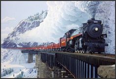 a painting of a train traveling over a bridge with mountains in the background and snow on the ground