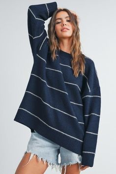 Navy Striped Drop Shoulder Sweater Knit Oversized Sweater, Drop Shoulder Sweater, Jean Large, Blazer Jeans, Weekly Outfits, Oversized Knitted Sweaters, Drop Shoulder Sweaters, Perfect Jeans, Navy Stripes