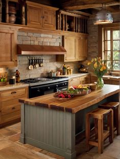 a kitchen with wooden cabinets and an island