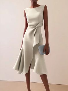 Apricot White Sleeveless Midi Ruched Dress | fehaute Midi Elegant Dress, Coctail Dresses, Cocktail Dress Prom, Boat Neck Dress, Ruched Midi Dress, Crewneck Dress, Midi Short Sleeve Dress, Fashion Tips For Women, Types Of Dresses