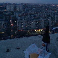 a bottle of beer sitting on top of a roof next to a bag with food in it