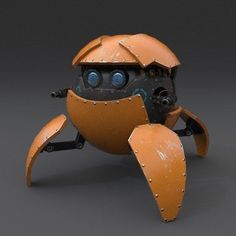 an orange and black robot with large eyes on it's head, sitting in front of a gray background