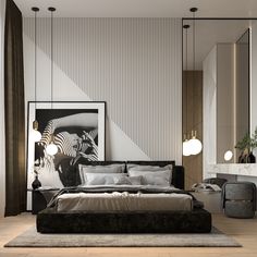 a bedroom with a large bed, mirror and pictures on the wall above it is decorated in black and white