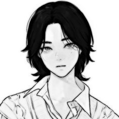 a black and white drawing of a person with long hair wearing a button up shirt