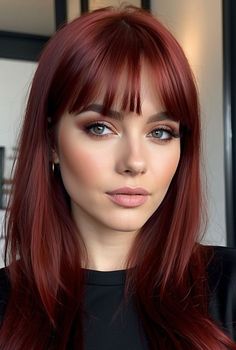 Short Hair with Bangs: Stunning Ideas #red #hair #ideas Red Hair Green Eyes Makeup, Red Hair Color Ideas For Short Hair, Medium Length Red Hair With Bangs, Cherry Red Hair With Bangs, Short Wine Red Hair, Cherry Red Hair Short, Burgundy Hair With Bangs, Dark Red Hair With Bangs, Short Hair Color Ideas Unique