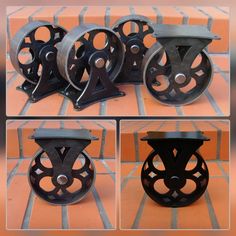 four different views of an old fashioned cast iron coffee table with wheels on each side