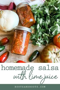 homemade salsa with lime juice in jars and fresh vegetables on a cutting board next to it