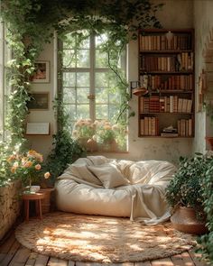 a room filled with lots of plants and bookshelves next to a large window