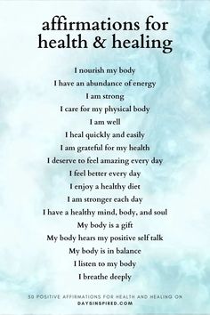 an affirmation poem with the words affirmations for health and healing