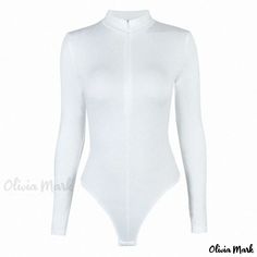 Olivia Mark - Stylish Fleece-Lined Long-Sleeve Zipper Bodysuit Casual Fitted Bodysuit With Zipper, White Fitted Long Sleeve Bodysuit, White Stretch Bodysuit For Winter, Stretch Bodysuit With Zipper Closure, High Stretch Long Sleeve Bodysuit With Zipper Closure, High Stretch Long Sleeve Bodysuit With Zipper, White Long Sleeve Bodysuit For Winter, Waist Circumference, Olivia Mark