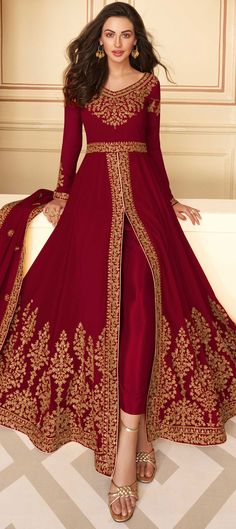 Georgette Bollywood Salwar Kameez in Red and Maroon with Stone work Red Anarkali Suits, Red Anarkali, Georgette Anarkali Suits, Silk Anarkali Suits, Designer Anarkali Dresses, Georgette Anarkali, Designer Anarkali Suits, Designer Anarkali, Anarkali Gown