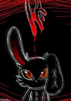 a drawing of a rabbit with blood dripping from it's eyes and tail, on a black background