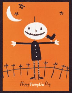 an orange halloween card with a cartoon pumpkin holding a bird on it's arm