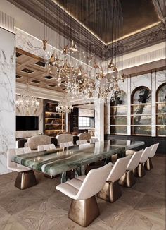 an elegant dining room with marble walls and flooring