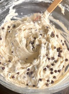 a bowl filled with batter and chocolate chips