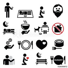 black and white icons depicting people in different places to eat, drink, and sleep